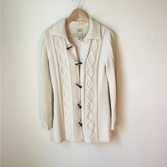 L.L. Bean Sweaters - L.L. Bean Cream Wool Blend Long Cable-Knit Toggle Cardigan